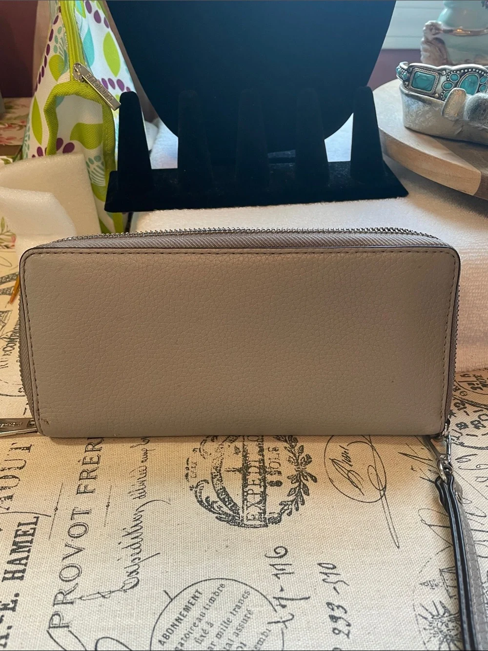 Michael Kors Taupe Stone Grey  Pebbled Leather Wristlet Wallet